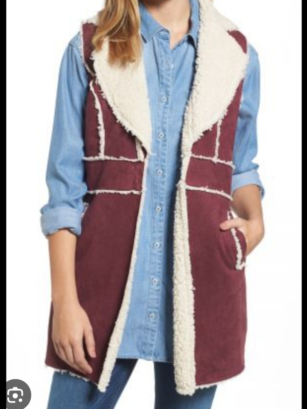 Kut from the Kloth Burgundy Vest with Cream Sherpa Trim XL Rustic Boho